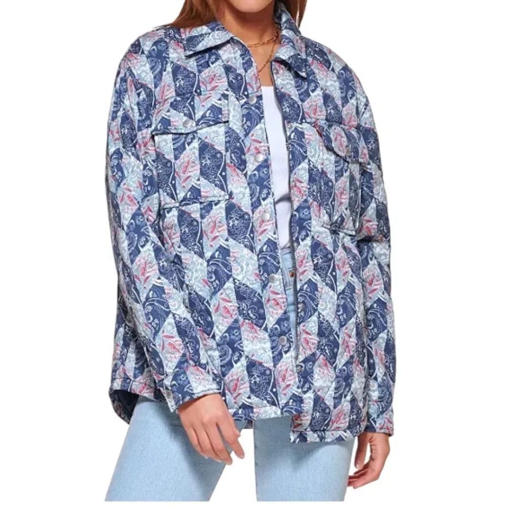 Levi's Women's XS Diamond Quilted Lightweight Shirt Jacket Blue Diamond Print
